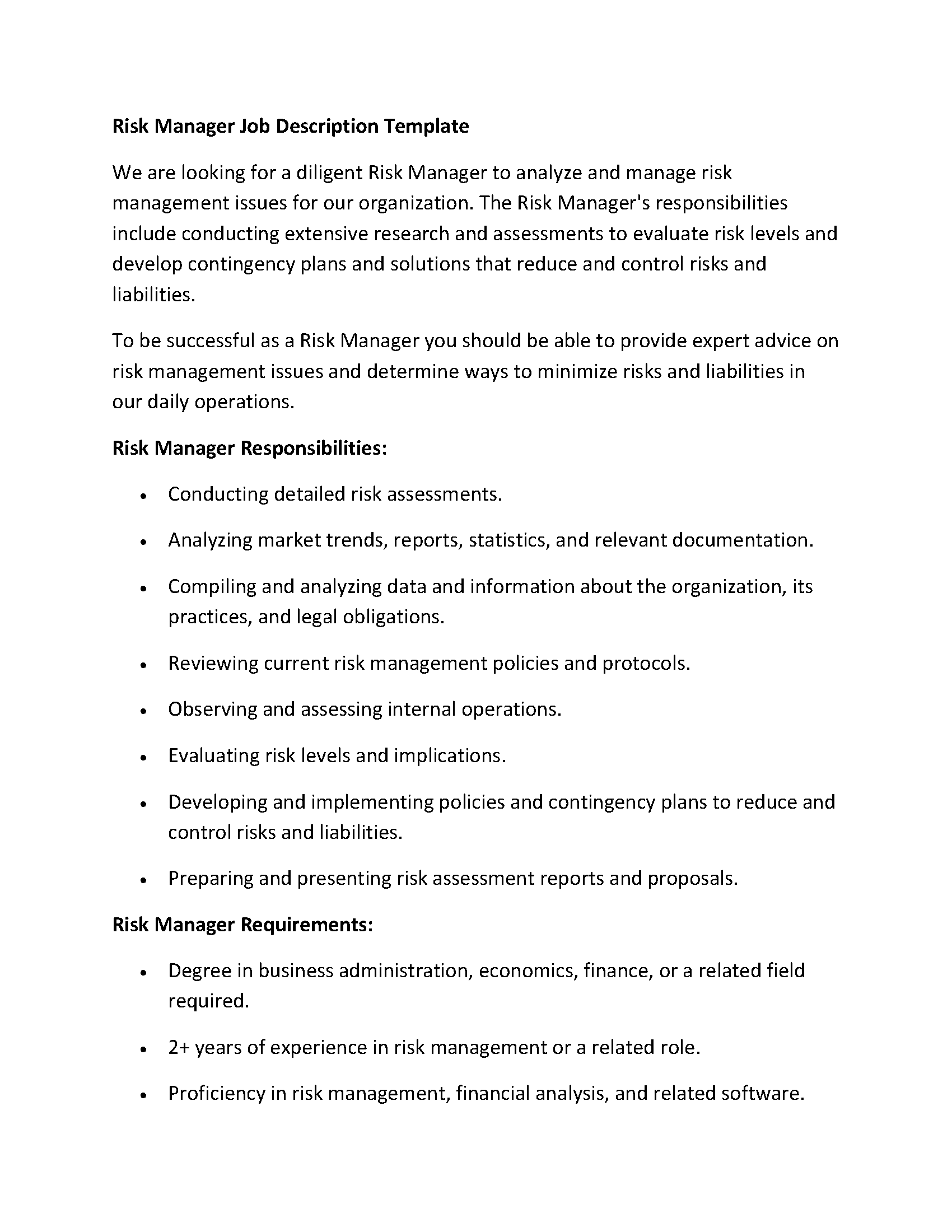 Risk Manager Job Description Template